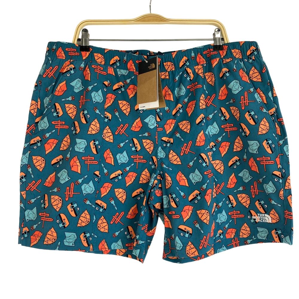 The North Face Class V Allover Camping Print Shorts Men XL Blue Pull On AOP NWT